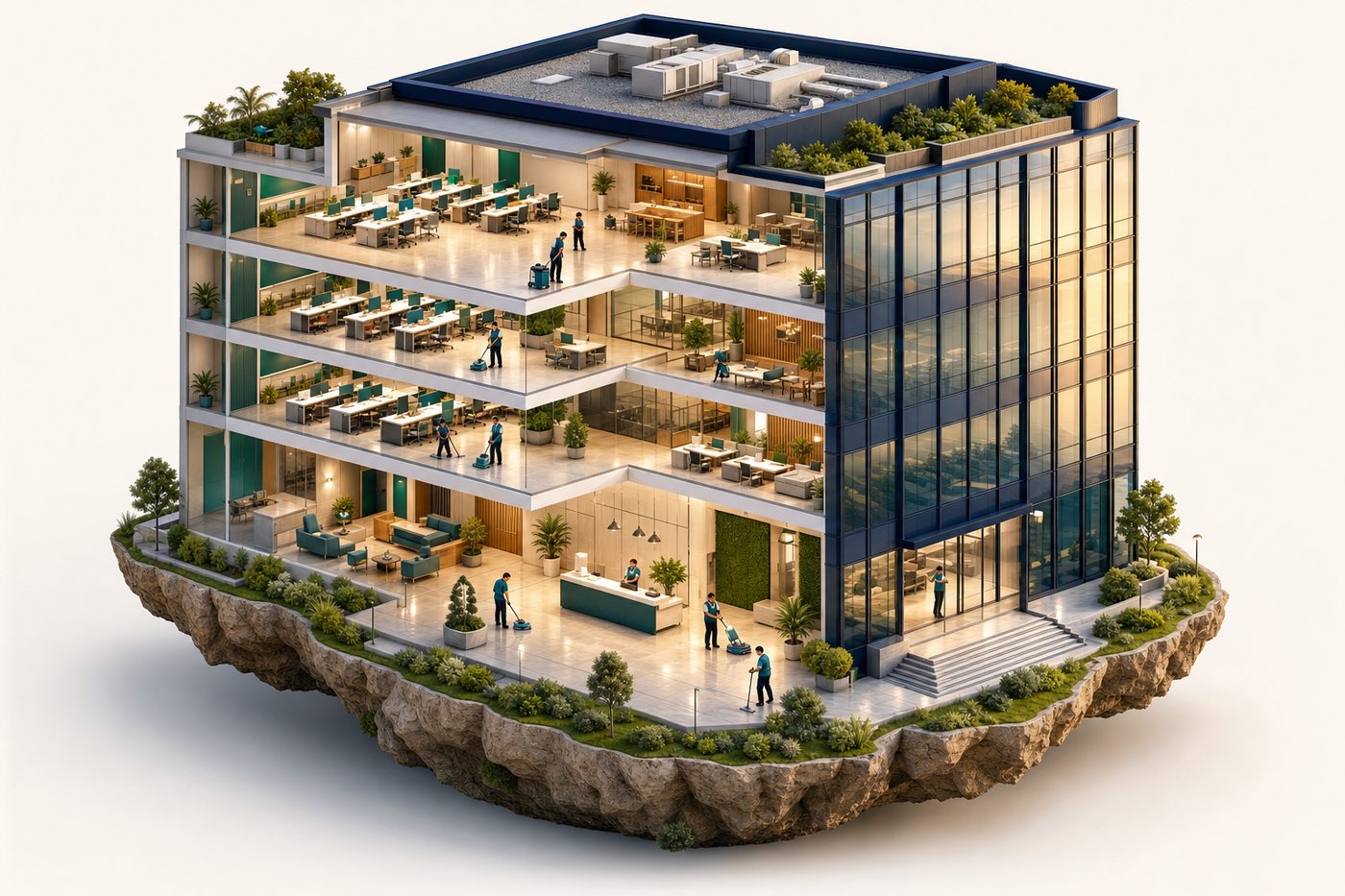 A cutaway office tower on a floating island, Kustodia crews cleaning every floor from lobby to rooftop.